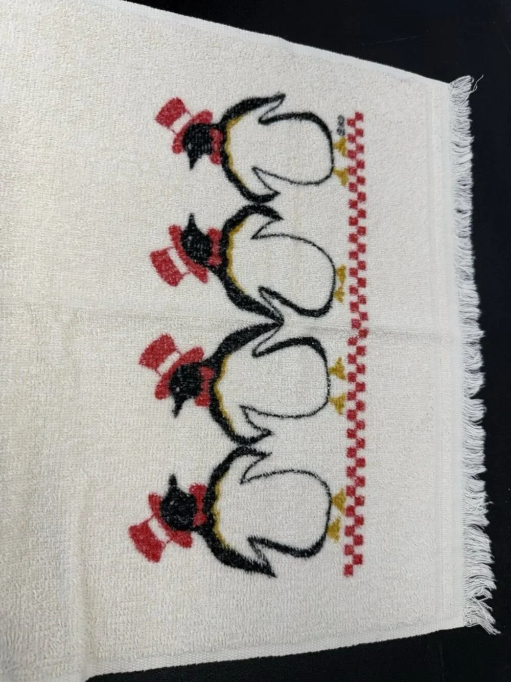 Set Of 2 Vintage Kitchen Hand Dish Towel Dancing Penguins Top Hat